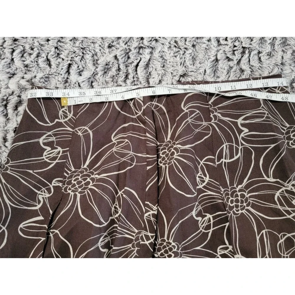 Willi Smith Women Brown White Floral Print Linen A-Line Midi Skirt Size 10 - Picture 4 of 7